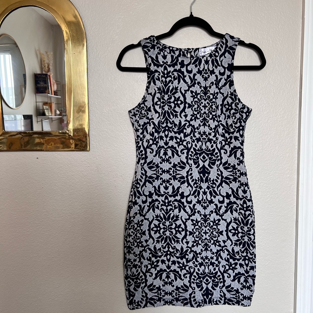 Cocktail patterned dress - wedding guest dress - light blue and navy